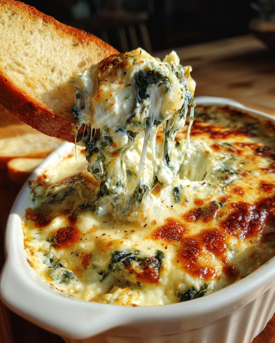 Close-up of creamy Spinach Artichoke Dip being scooped up with a slice of bread, showing melted cheese.