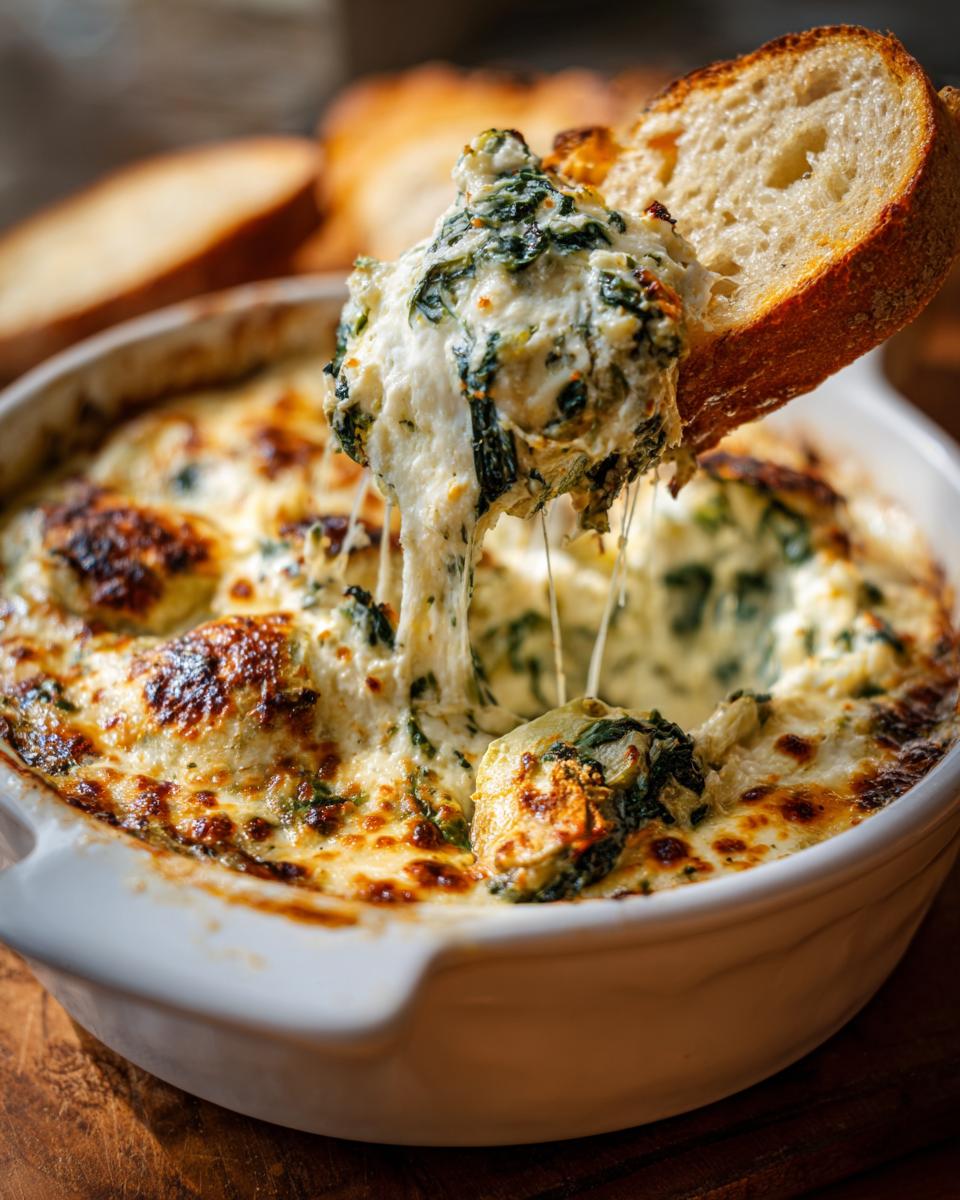 Close-up of Spinach Artichoke Dip being scooped with bread, showing cheesy, creamy texture.