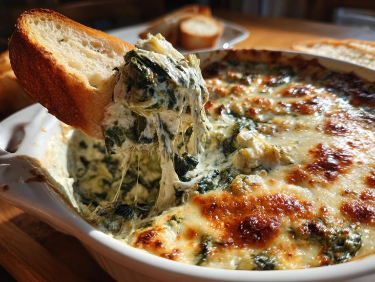 Hot Spinach Artichoke Dip being scooped with crusty bread. Cheesy and delicious appetizer.