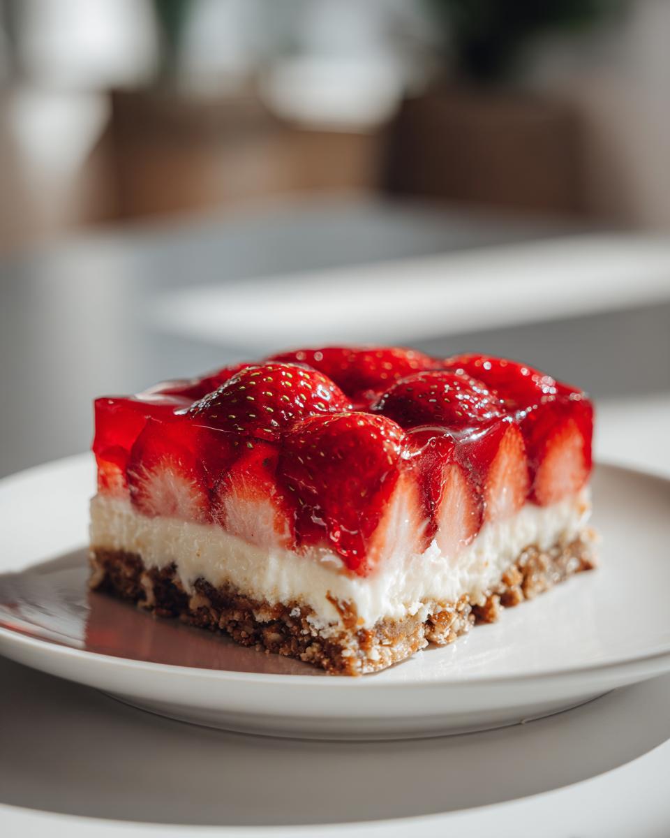 A close-up of a slice of Strawberry pretzel salad, showcasing the pretzel crust, cream cheese layer, and strawberry topping.