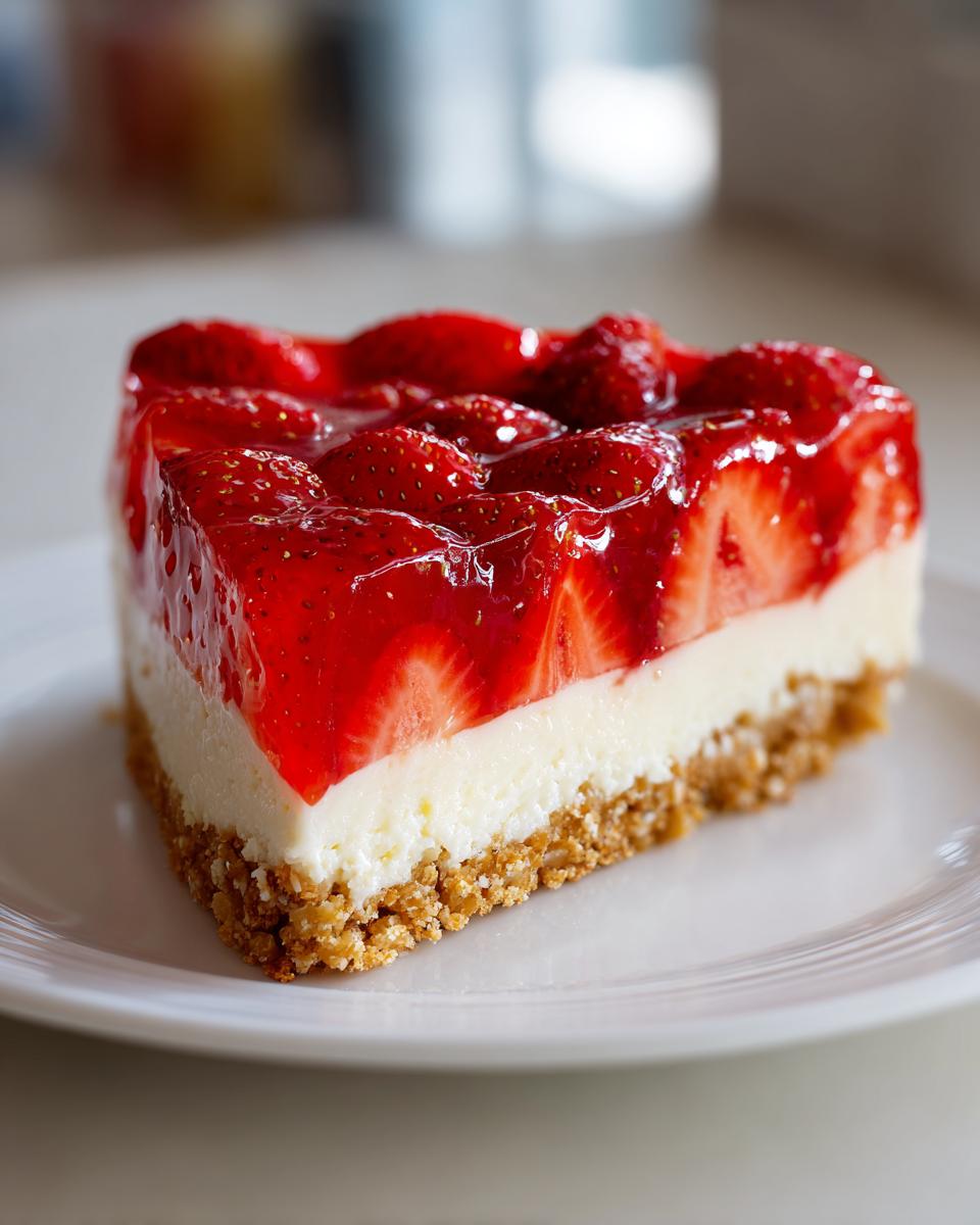A delicious slice of Strawberry Pretzel Salad with layers of pretzel crust, cream cheese filling, and strawberry topping.
