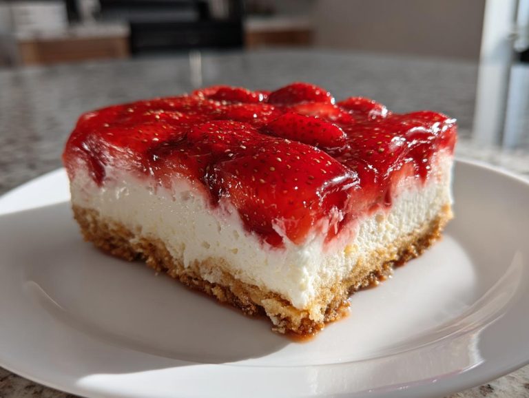 A delicious slice of Strawberry Pretzel Salad with layers of pretzel crust, creamy filling, and strawberry topping.