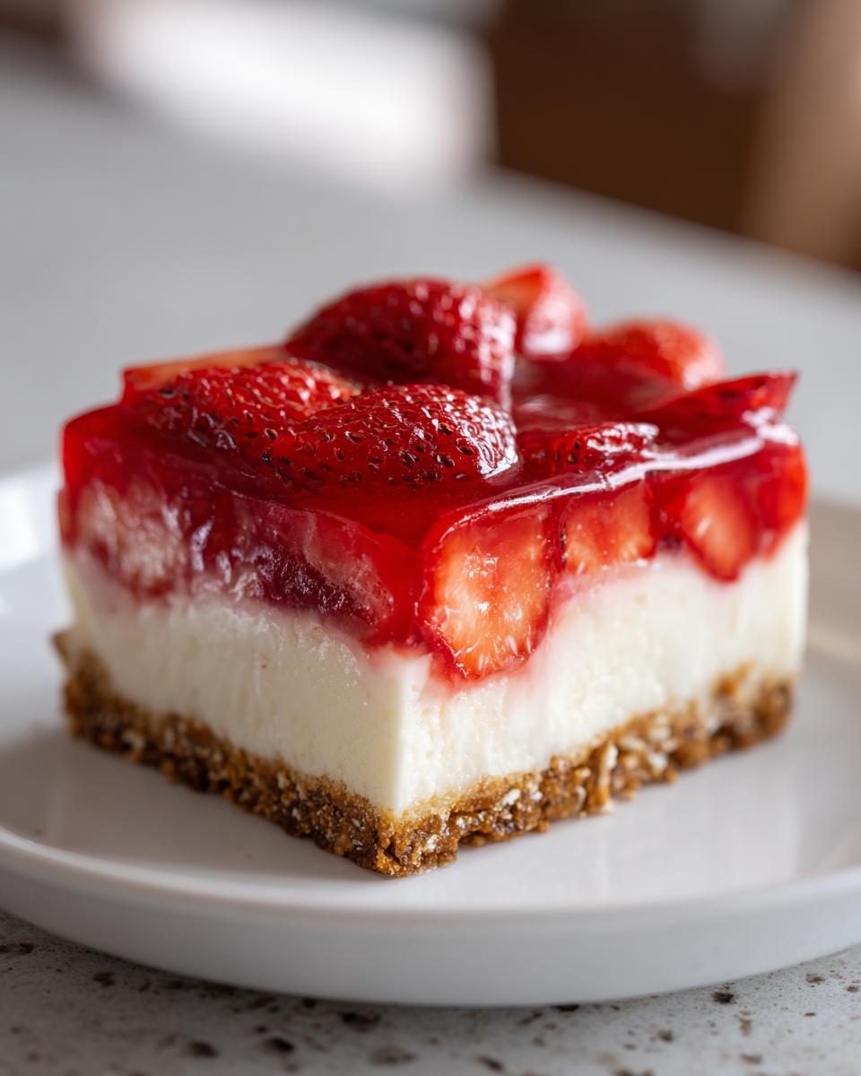 A slice of Strawberry pretzel salad with a pretzel crust, creamy filling, and strawberry topping.