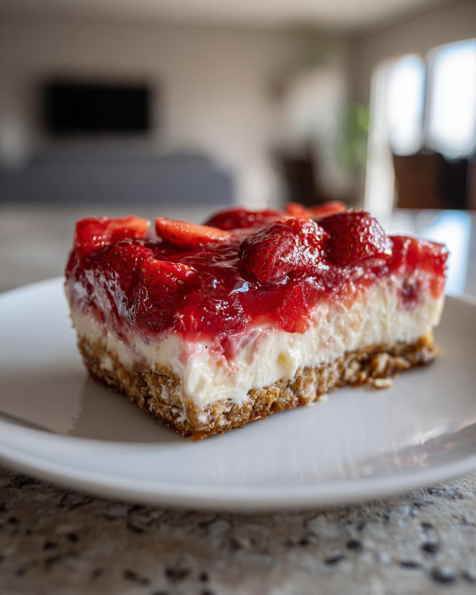 A slice of strawberry pretzel salad featuring a pretzel crust, creamy filling, and strawberry topping.