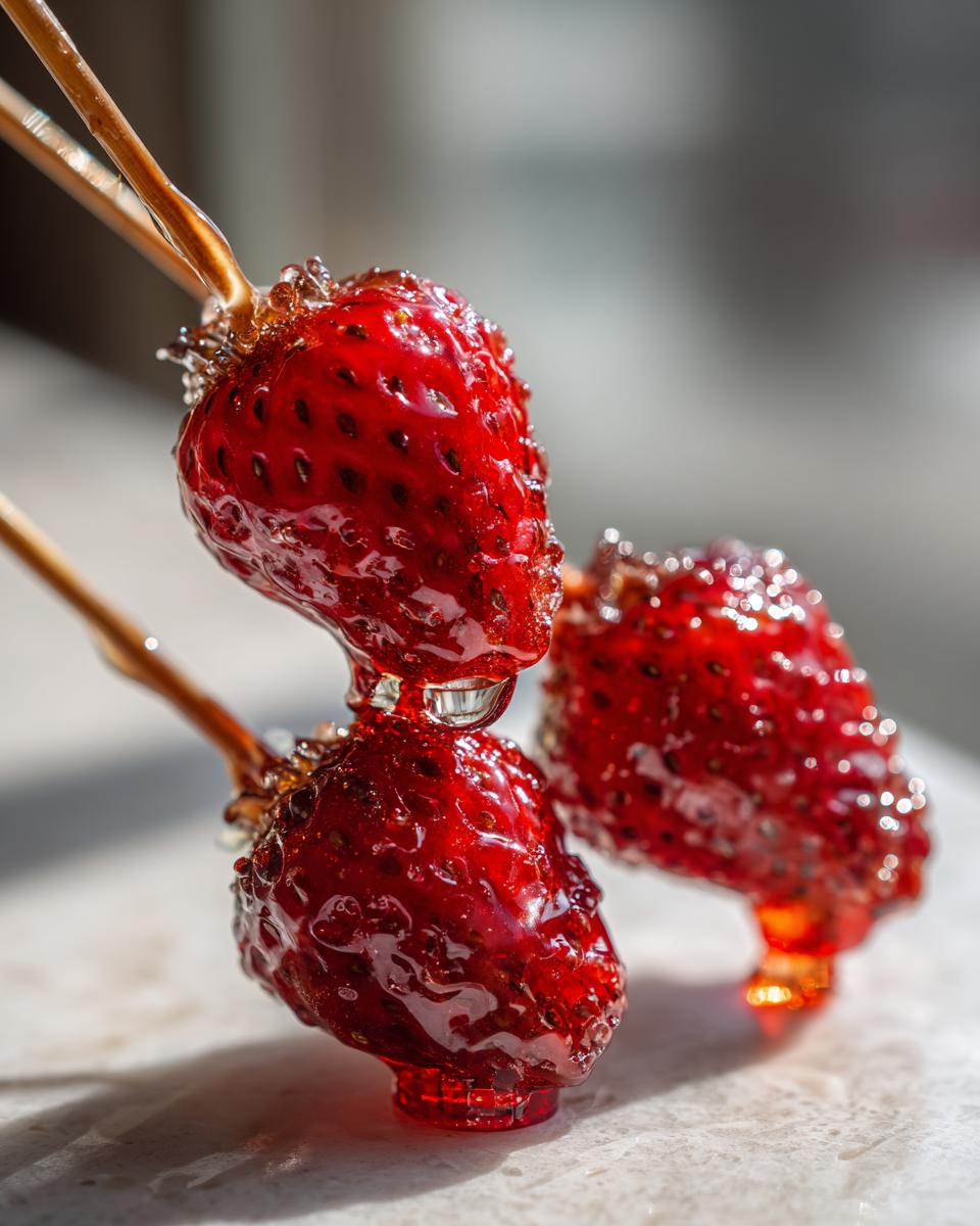 Close-up of three strawberry Tanghulu skewers, showing the glossy, candied coating and vibrant red fruit.