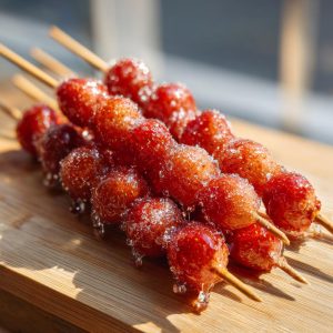 Close-up of glistening strawberry Tanghulu skewers on a wooden board, showcasing the crunchy sugar coating.