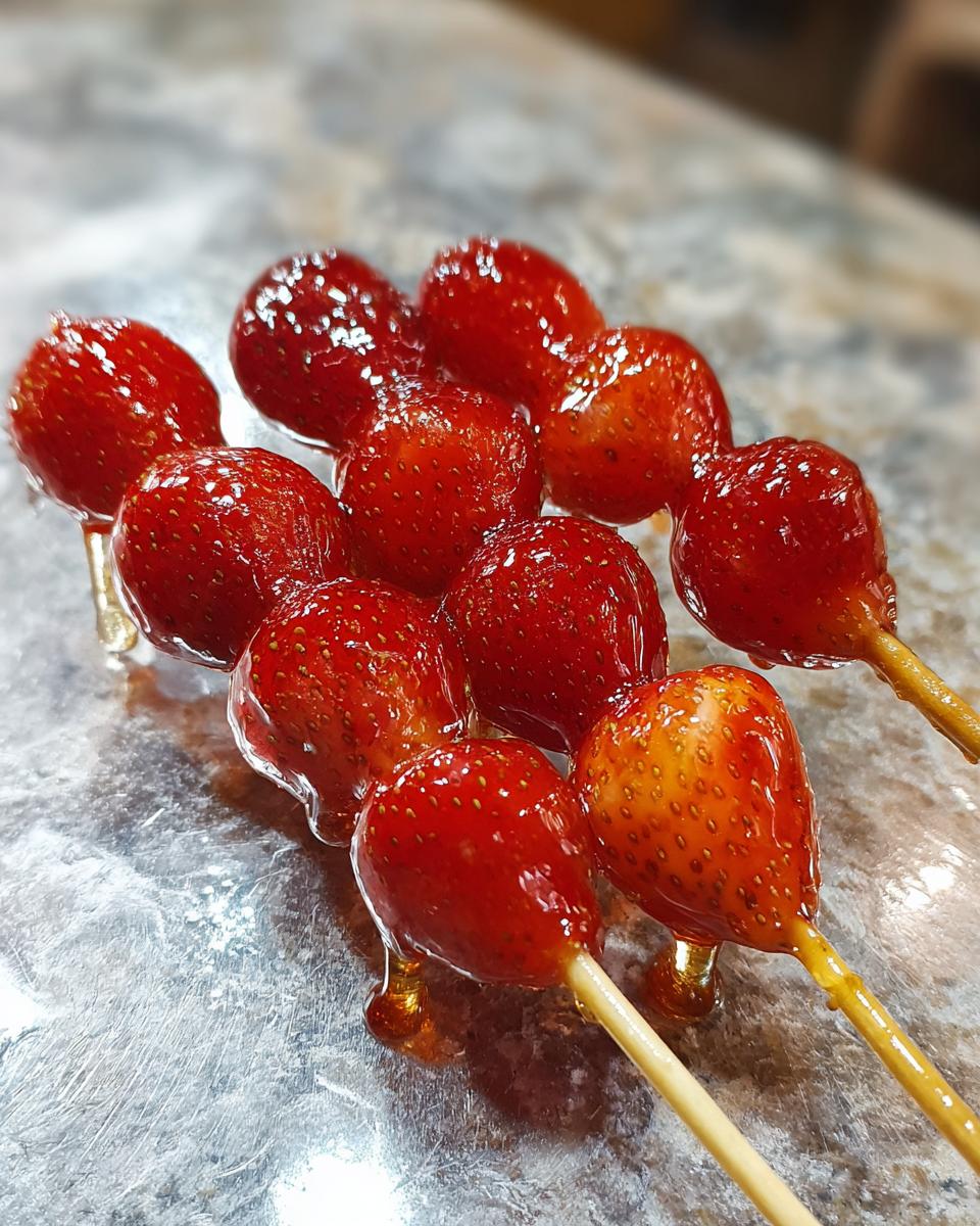 Close-up of several strawberry Tanghulu skewers with a shiny, hard candy coating.