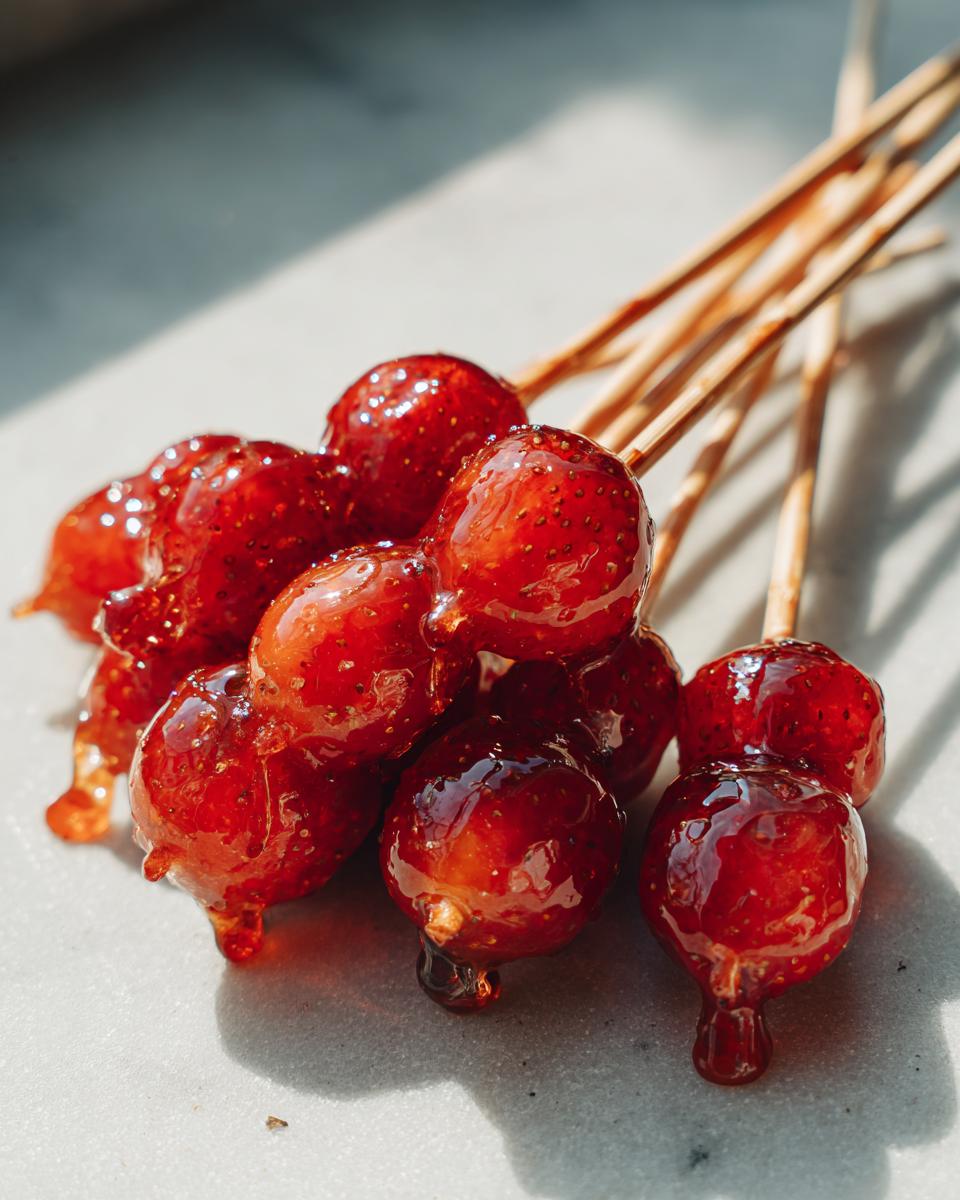 Close-up of several skewers of strawberry Tanghulu, showcasing the glossy, crunchy candy coating.
