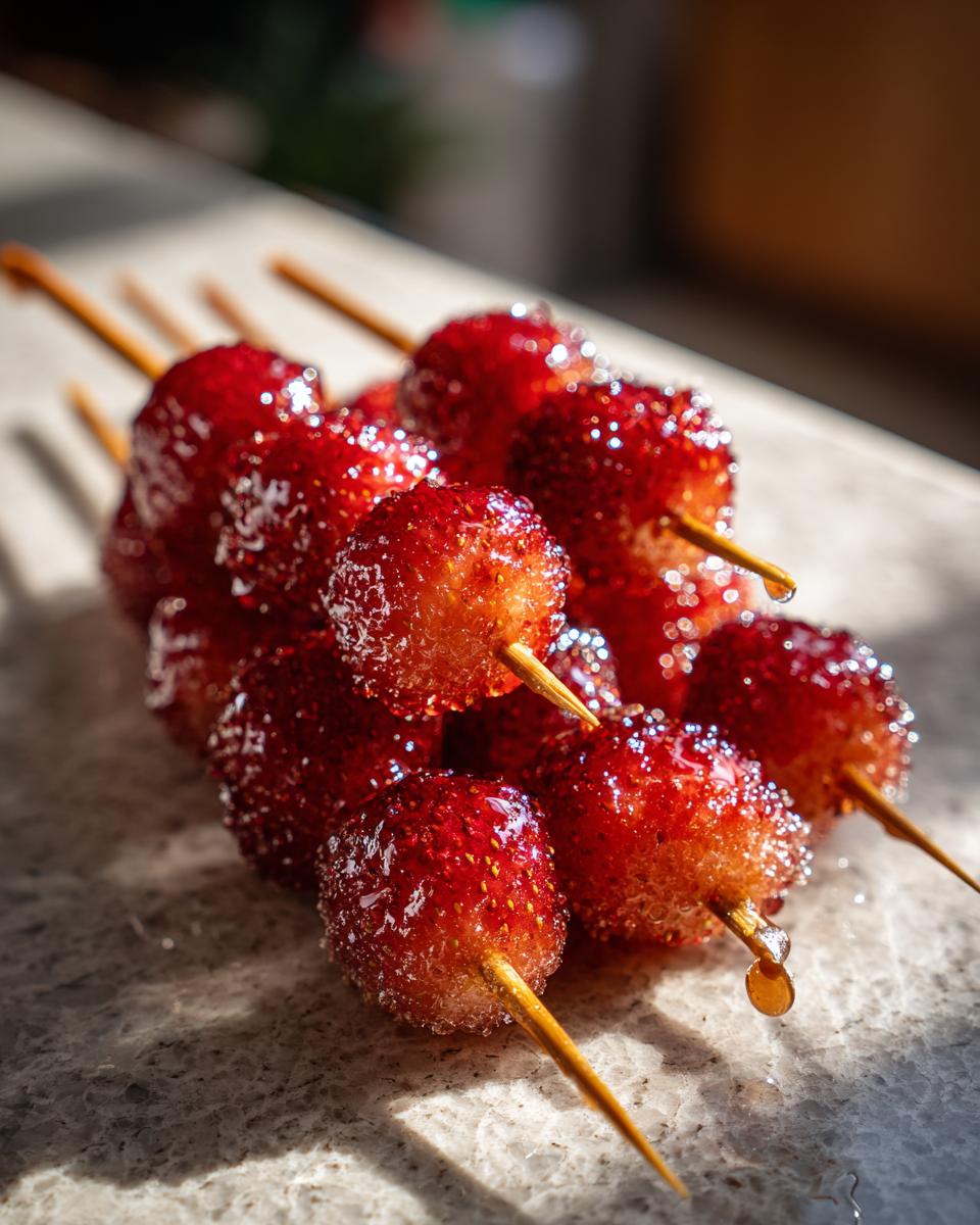 Close-up of several strawberry Tanghulu skewers with a shiny, crunchy candy coating.