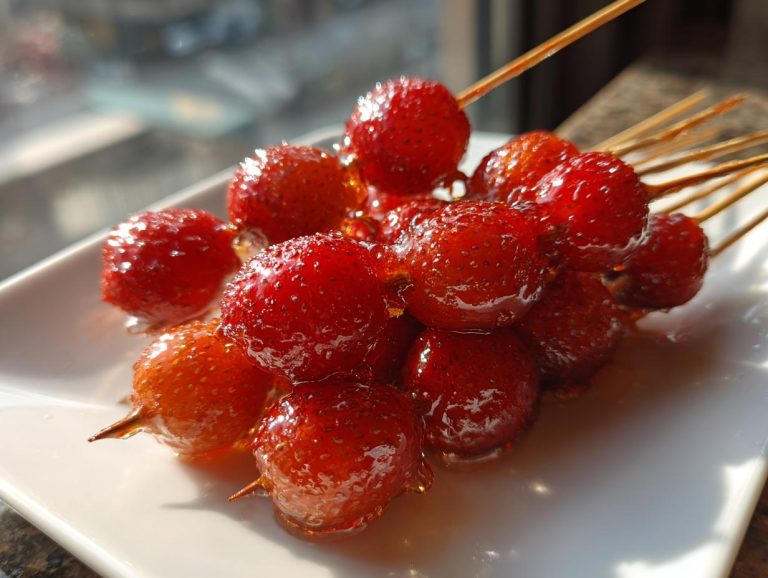 Close-up of glistening strawberry Tanghulu skewers on a white plate, ready to eat.