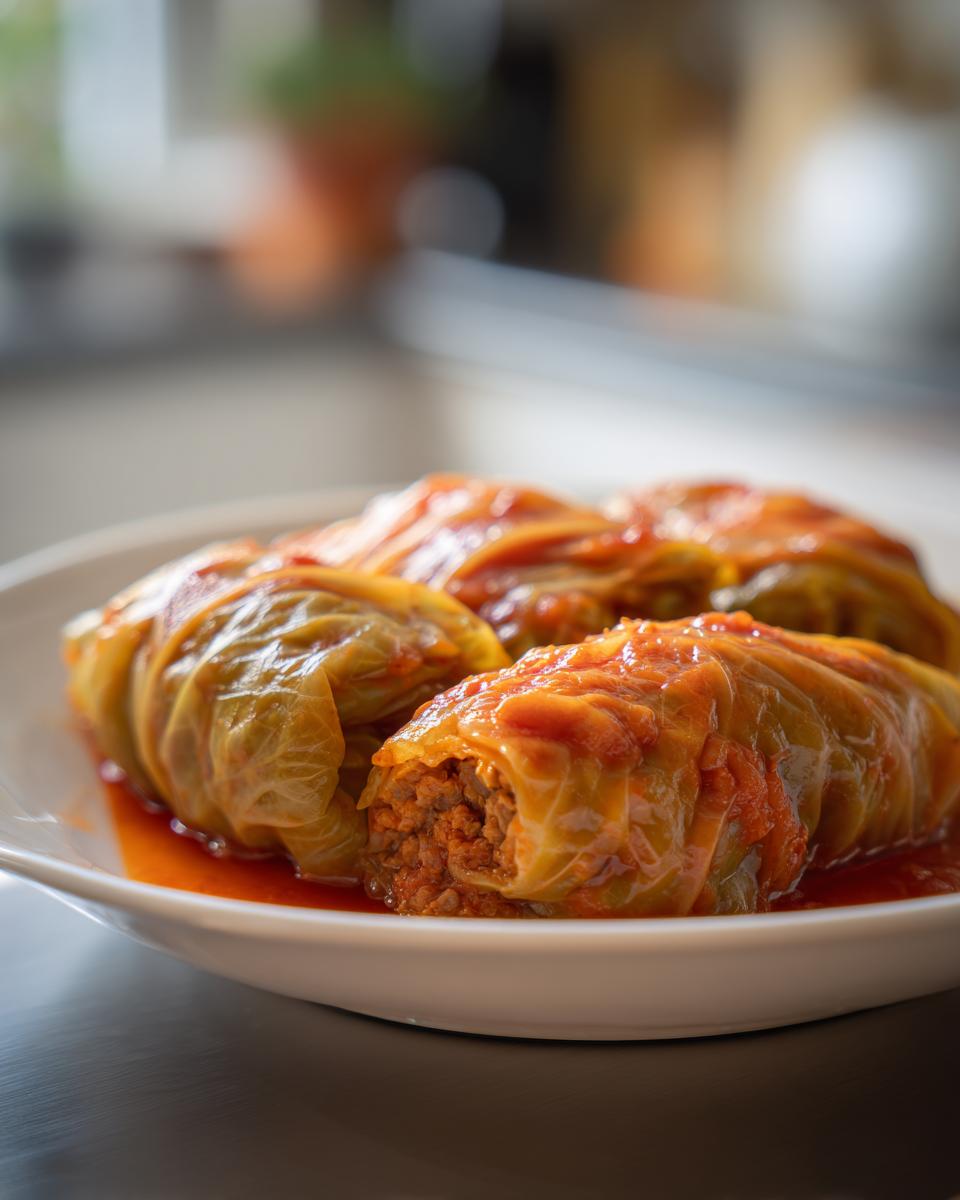 Three Stuffed Cabbage Rolls covered in tomato sauce, presented on a white plate.