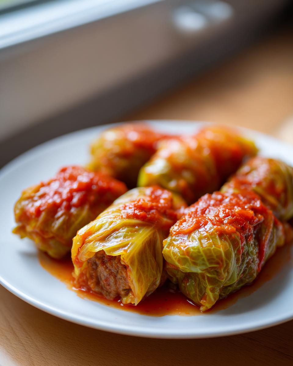 A plate of homemade Stuffed Cabbage Rolls, topped with a rich tomato sauce.