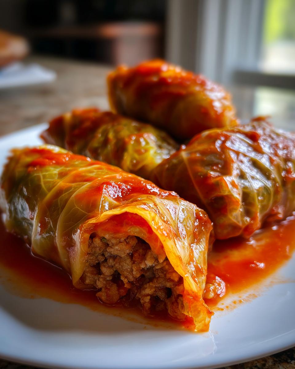 Four Stuffed Cabbage Rolls on a white plate, covered in a rich tomato sauce.