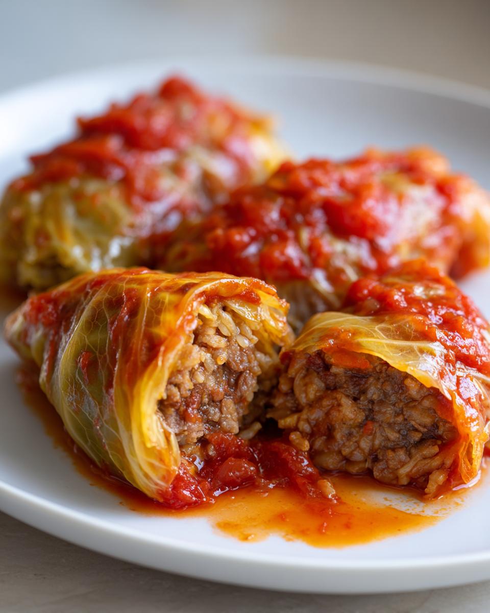 Close-up of delicious Stuffed Cabbage Rolls topped with a rich tomato sauce on a white plate.