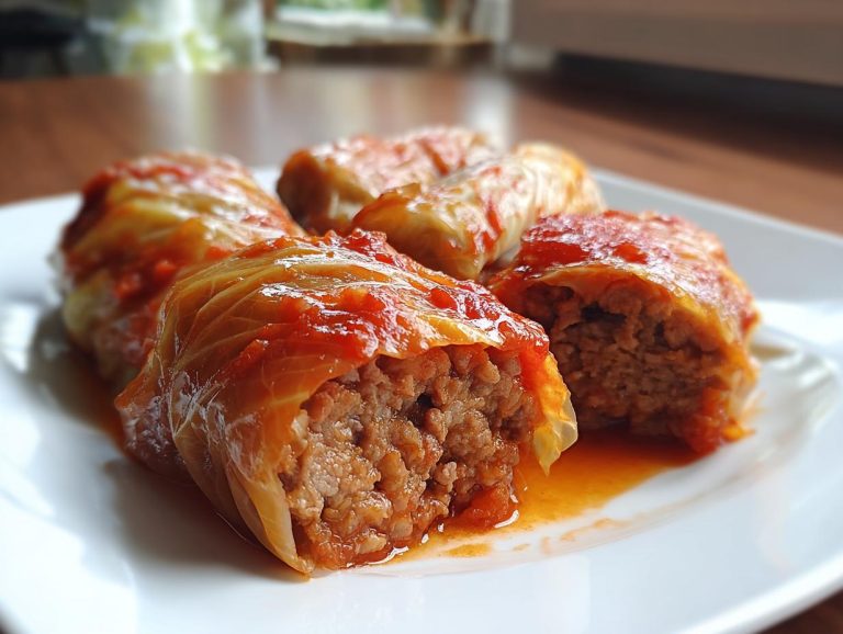 Close-up of homemade Stuffed Cabbage Rolls on a white plate, topped with a rich tomato sauce.