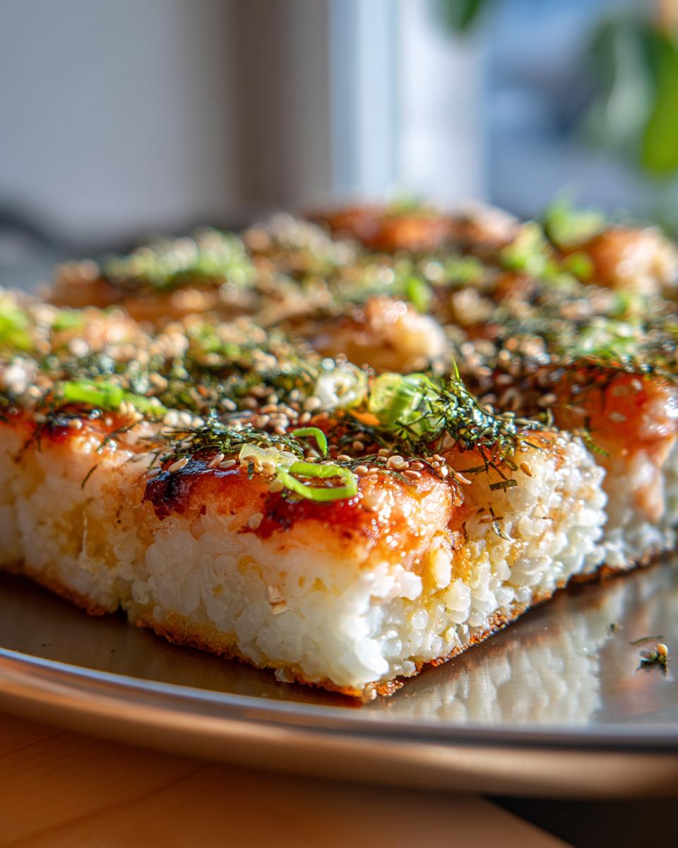 Close-up of a freshly made Sushi Bake, topped with sesame seeds, nori, and green onions.