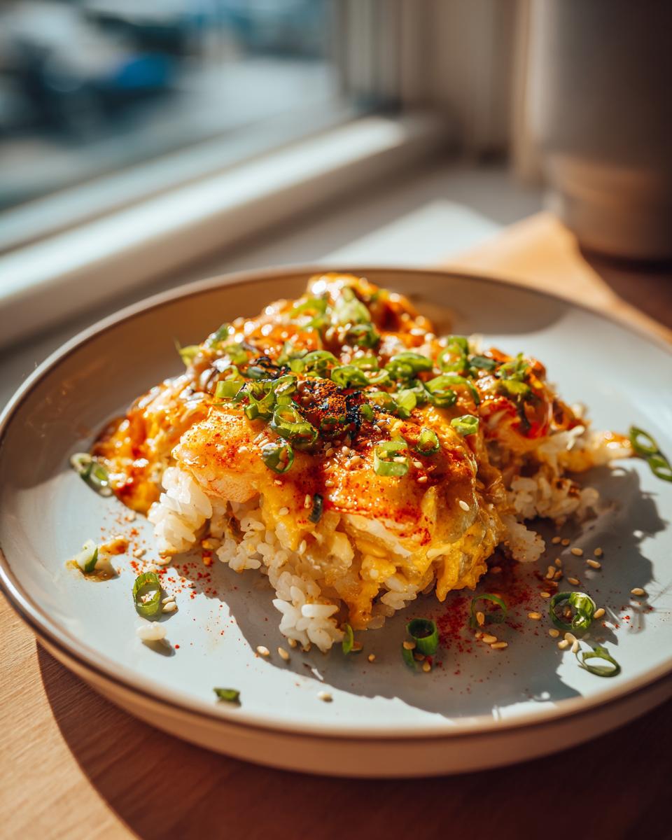 A plate of freshly made Sushi Bake topped with green onions and spices.