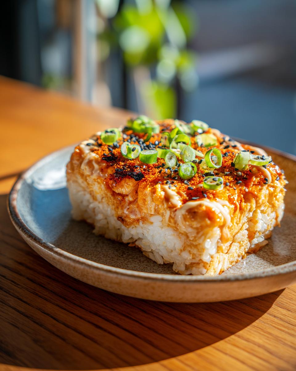 A portion of Sushi Bake on a plate, topped with green onions, sesame seeds, and spicy mayo.