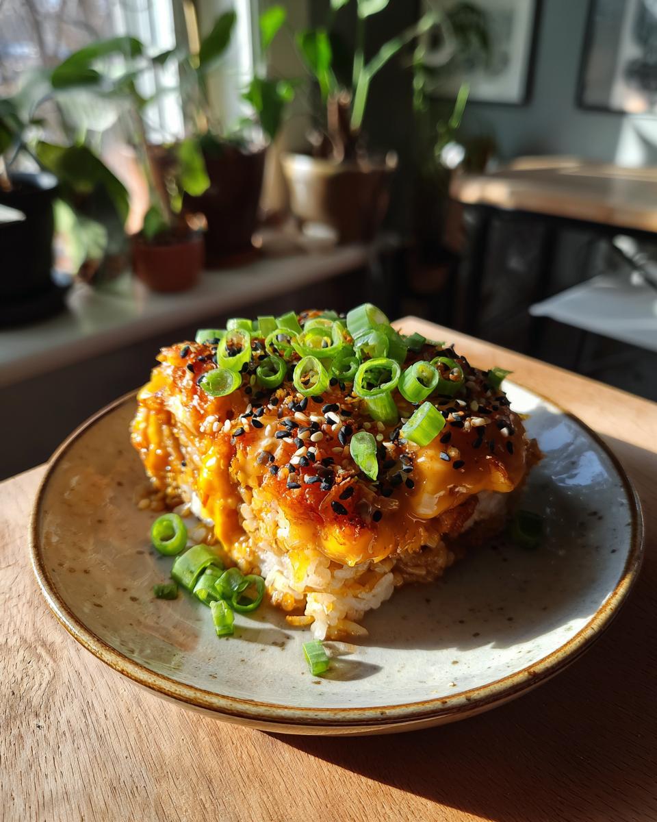 A serving of Sushi Bake on a plate, garnished with scallions and sesame seeds, ready to eat.