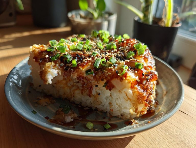 A slice of Sushi Bake topped with green onions and sesame seeds on a plate. Ready to eat!