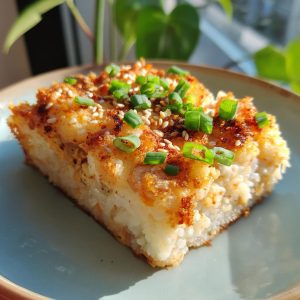 A slice of Sushi Bake topped with green onions and sesame seeds on a plate, ready to eat.