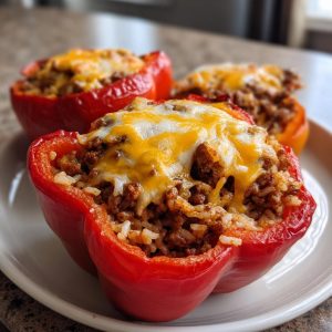 Three taco stuffed bell peppers filled with rice, meat, and topped with melted cheese on a white plate.