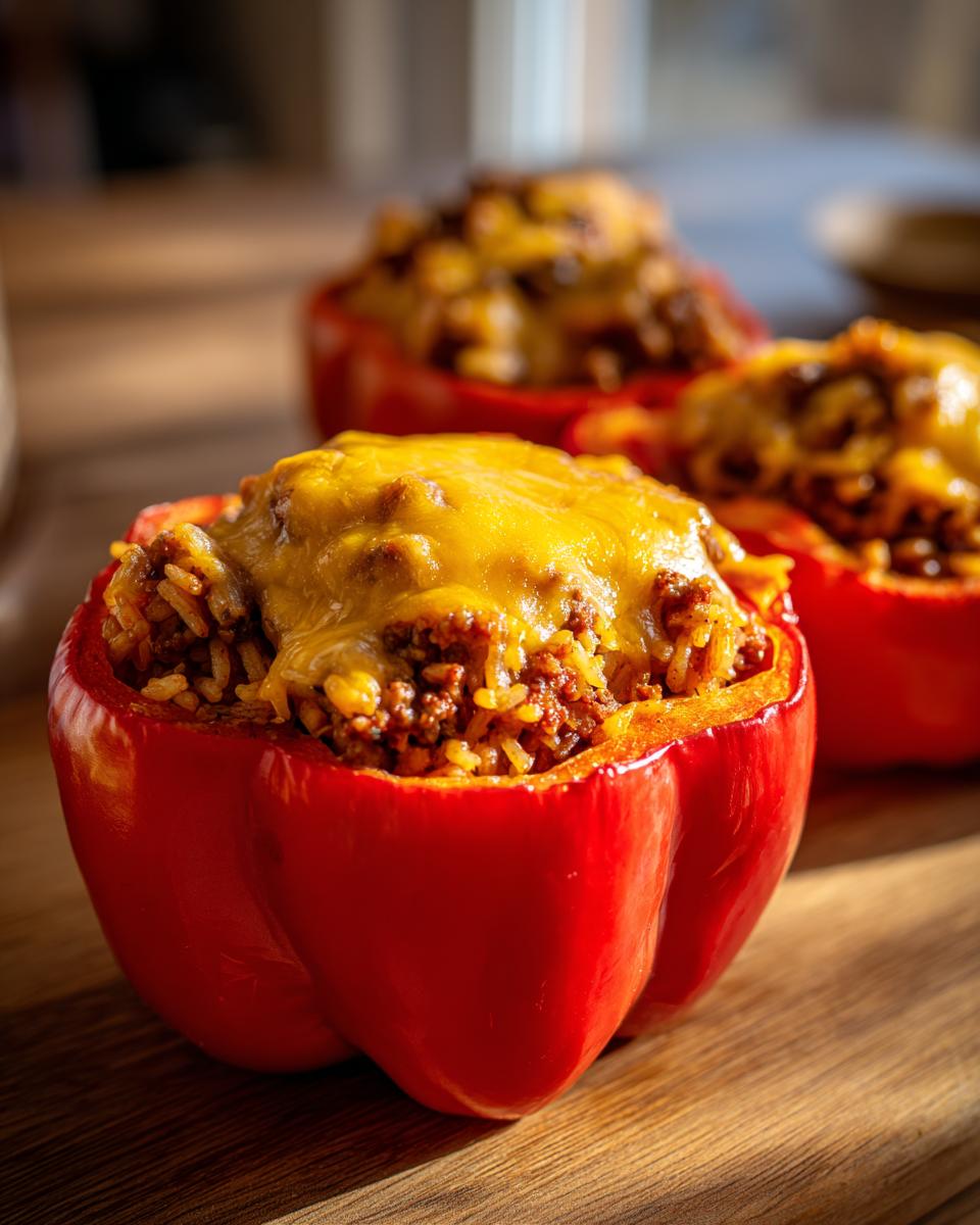 Three taco stuffed bell peppers, filled with taco meat and topped with melted cheese, on a wooden surface.