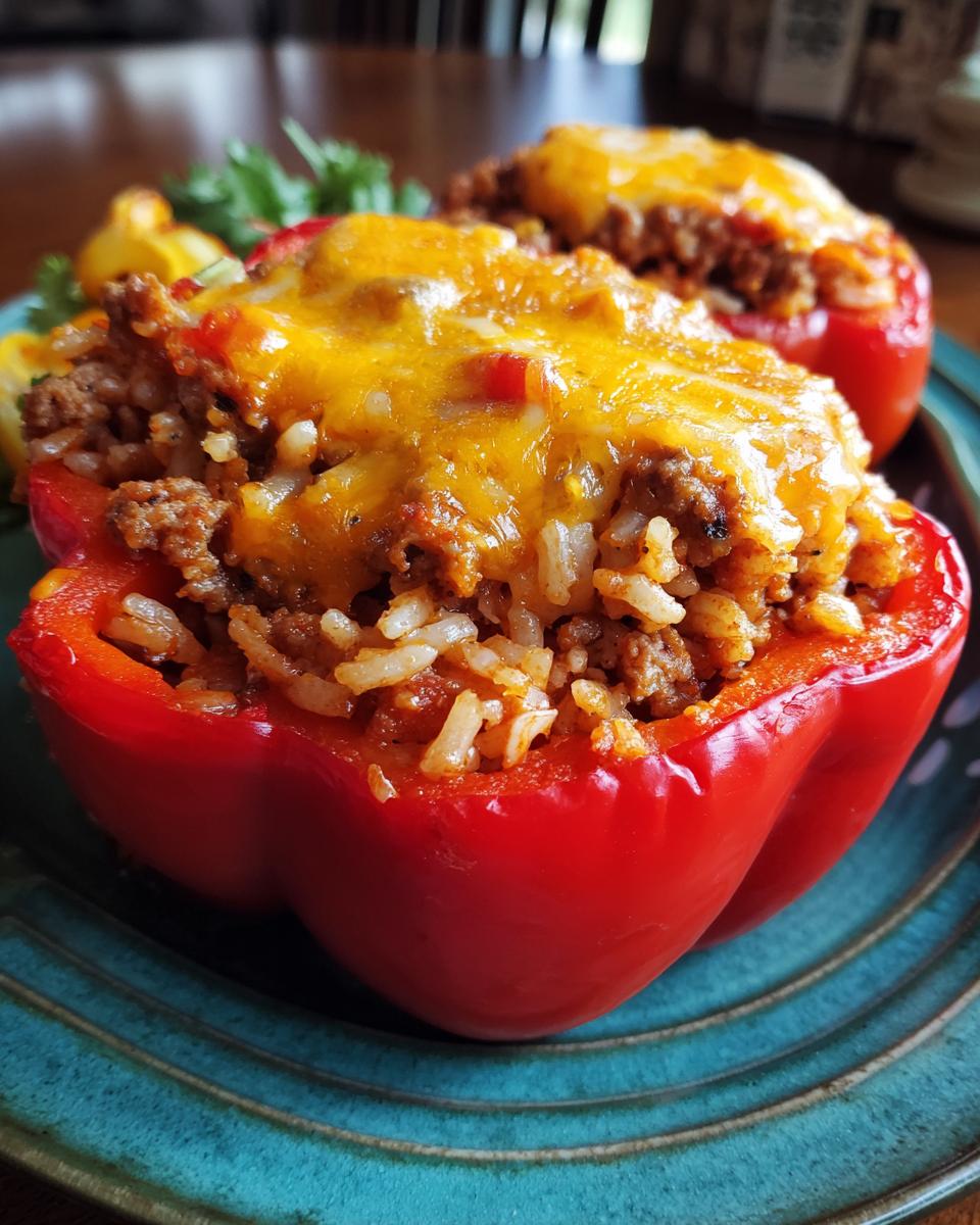 Two taco stuffed bell peppers on a plate, filled with rice, meat, and topped with melted cheese.