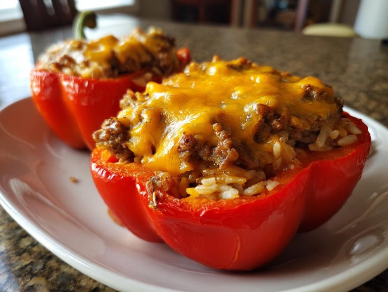 Two red taco stuffed bell peppers filled with rice, meat, and cheese on a white plate.