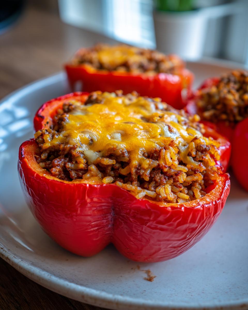 Close-up of red taco stuffed bell peppers filled with taco meat, rice, and melted cheese.