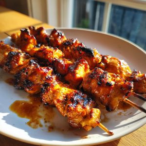 Close-up of grilled Teriyaki chicken skewers on a white plate, glistening with sauce.
