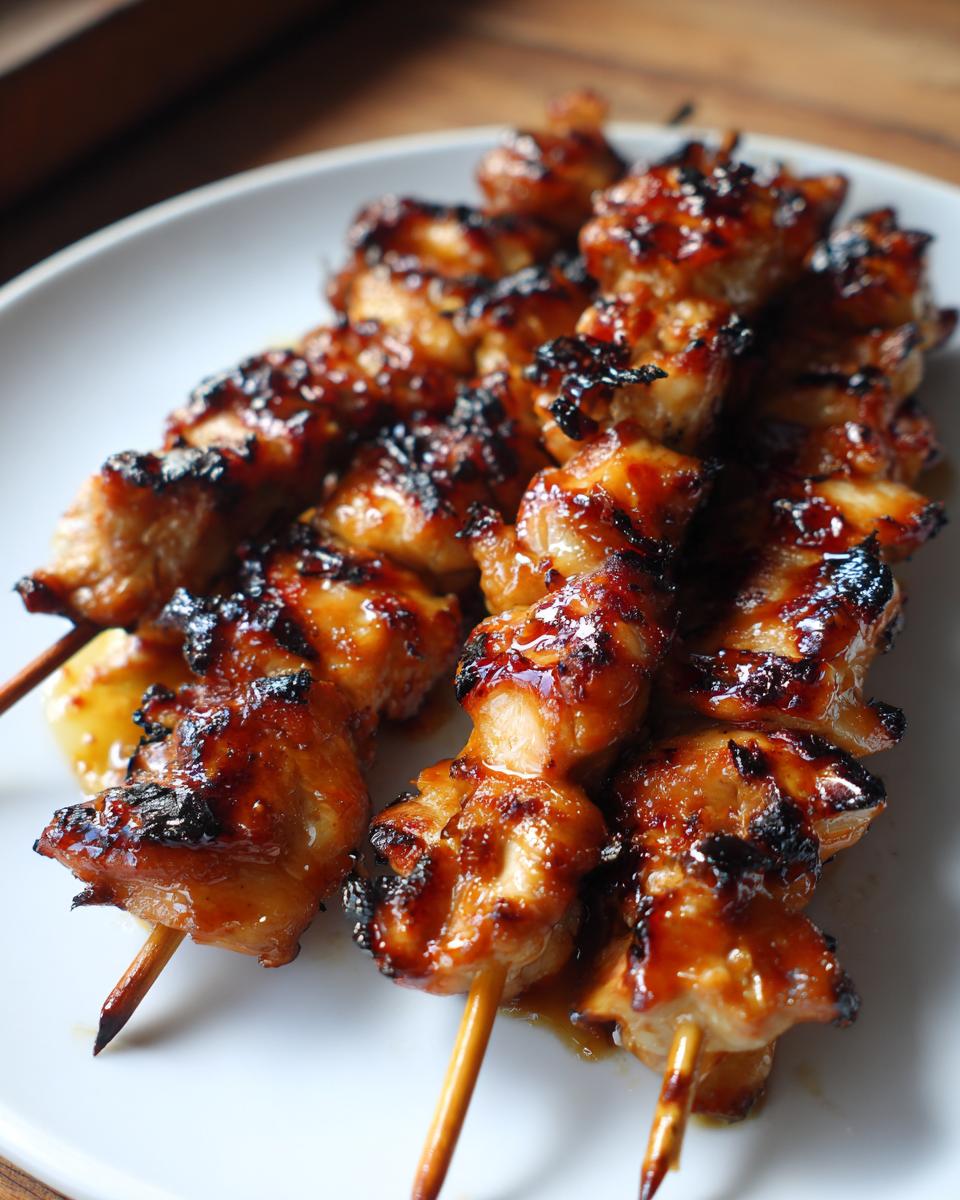Close-up of glazed Teriyaki chicken skewers on a white plate, showing the juicy, caramelized chicken.
