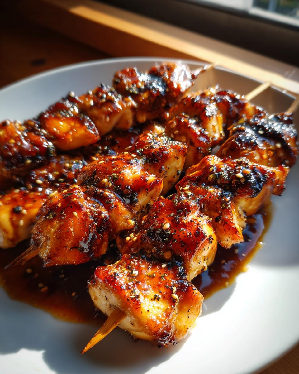 Close-up of Teriyaki chicken skewers glazed with sauce and sprinkled with sesame seeds on a white plate.