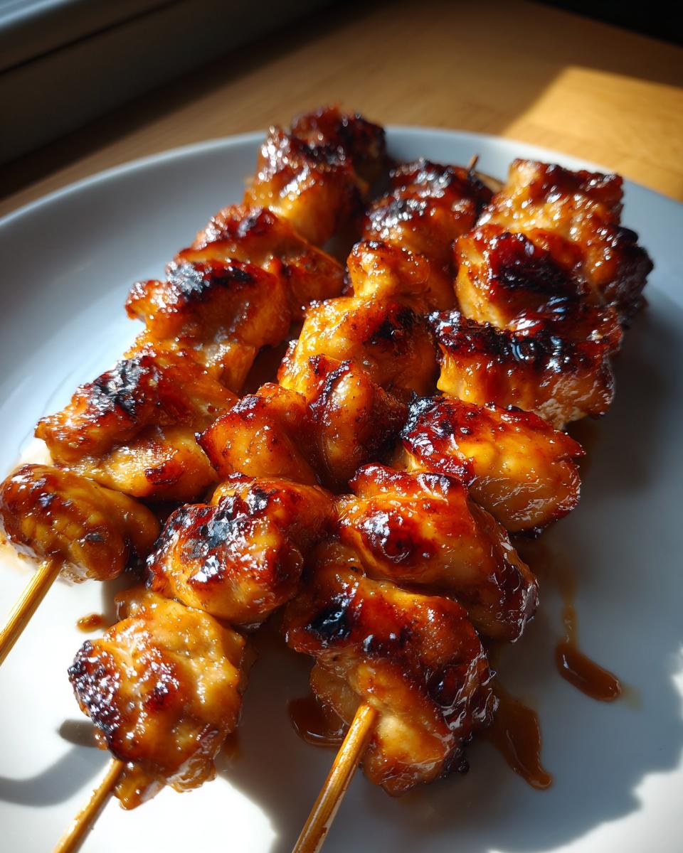 Close-up of two teriyaki chicken skewers on a white plate, glistening with sauce.