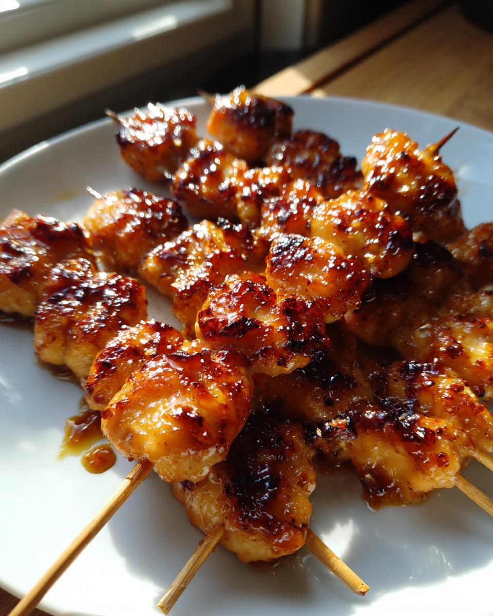 Close-up of several teriyaki chicken skewers on a white plate, glistening with sauce.