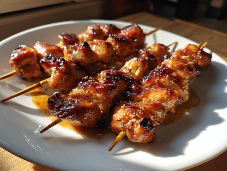 Close-up of Teriyaki chicken skewers on a white plate, glistening with sauce and ready to eat.