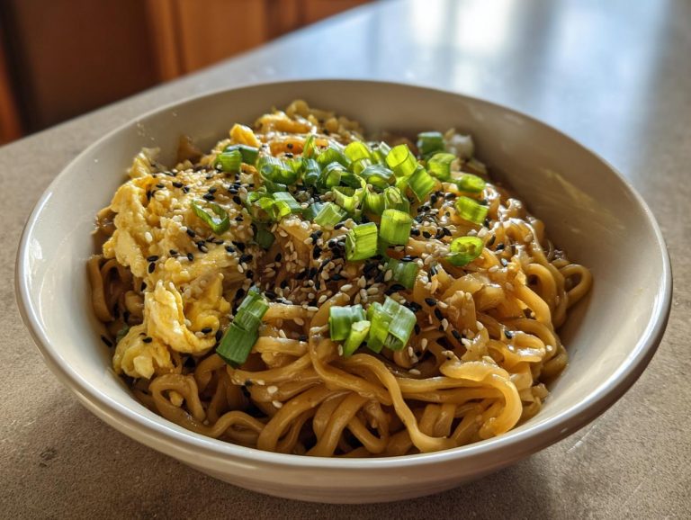 A bowl of TikTok Ramen garnished with green onions, sesame seeds, and scrambled egg.