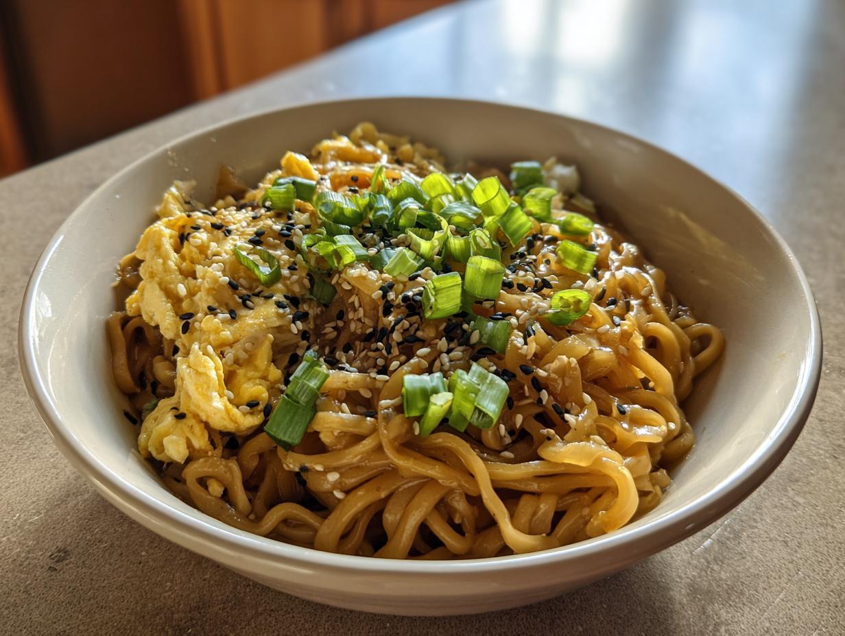 A bowl of TikTok Ramen garnished with green onions, sesame seeds, and scrambled egg.