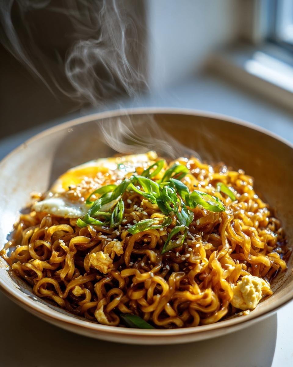 A steaming bowl of TikTok Ramen topped with a fried egg, green onions, and sesame seeds.