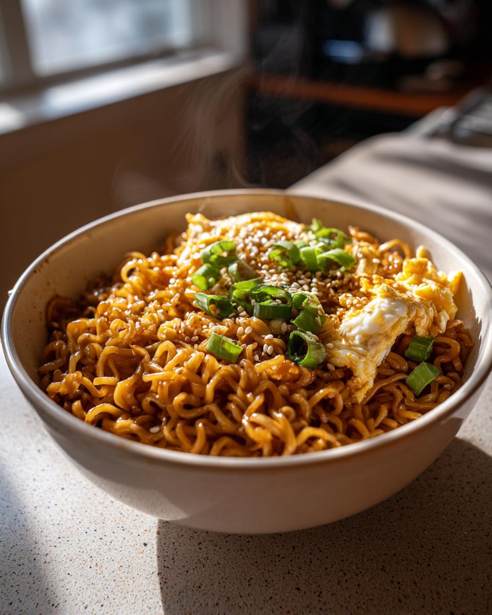A steamy bowl of TikTok Ramen topped with a fried egg, sesame seeds, and chopped green onions.