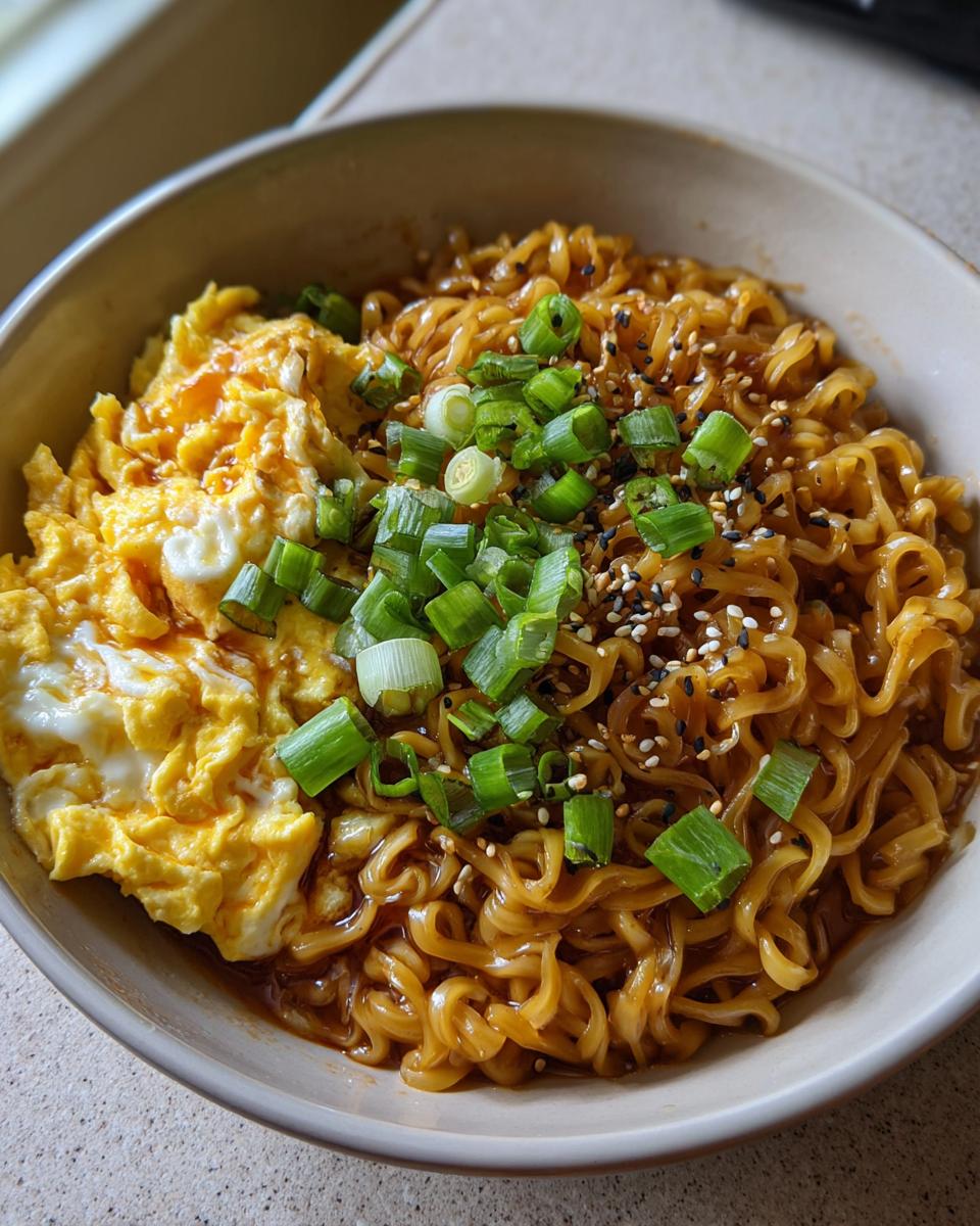 A bowl of TikTok Ramen topped with a fried egg, scallions, and sesame seeds.