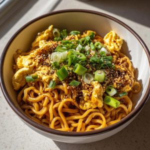 A bowl of TikTok Ramen topped with scrambled eggs, sesame seeds, and chopped scallions.