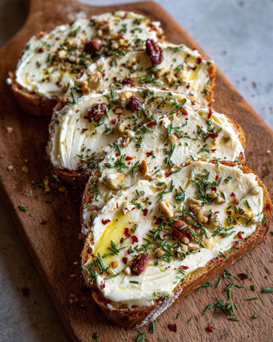 Three slices of toasted bread topped with butter, nuts, herbs, and spices, a butter board idea.