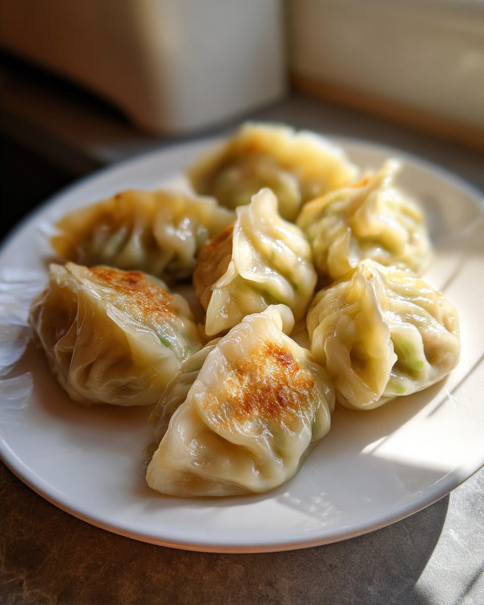 A plate of freshly made Traditional Chinese Dumplings, some lightly browned, ready to eat.