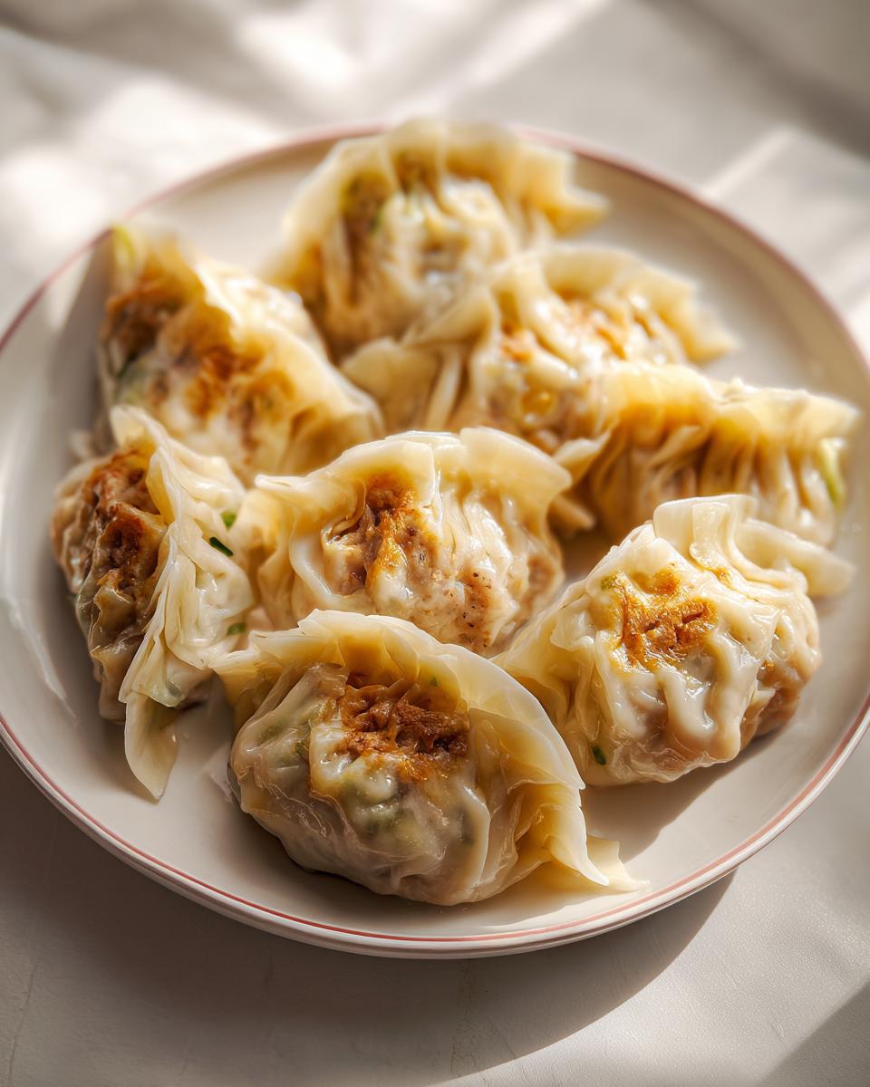 A plate of freshly made Traditional Chinese Dumplings, ready to be enjoyed.