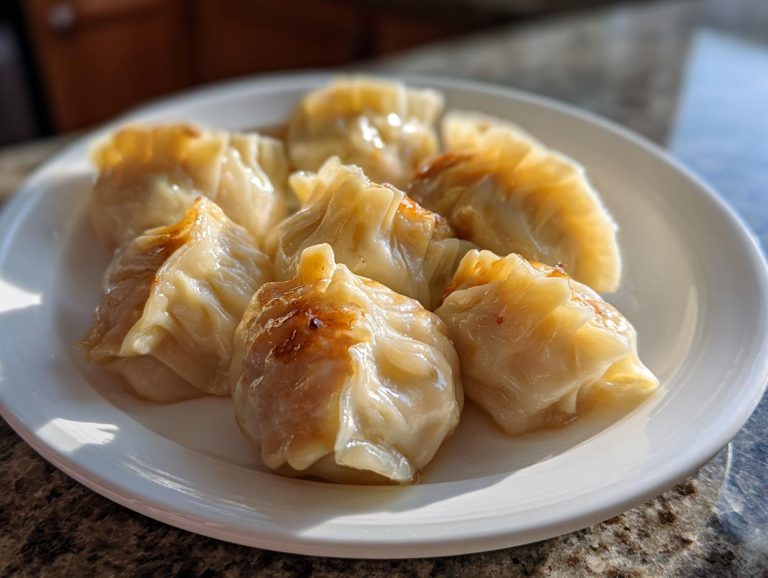 A plate of perfectly pan-fried Traditional Chinese Dumplings, golden brown and ready to eat.