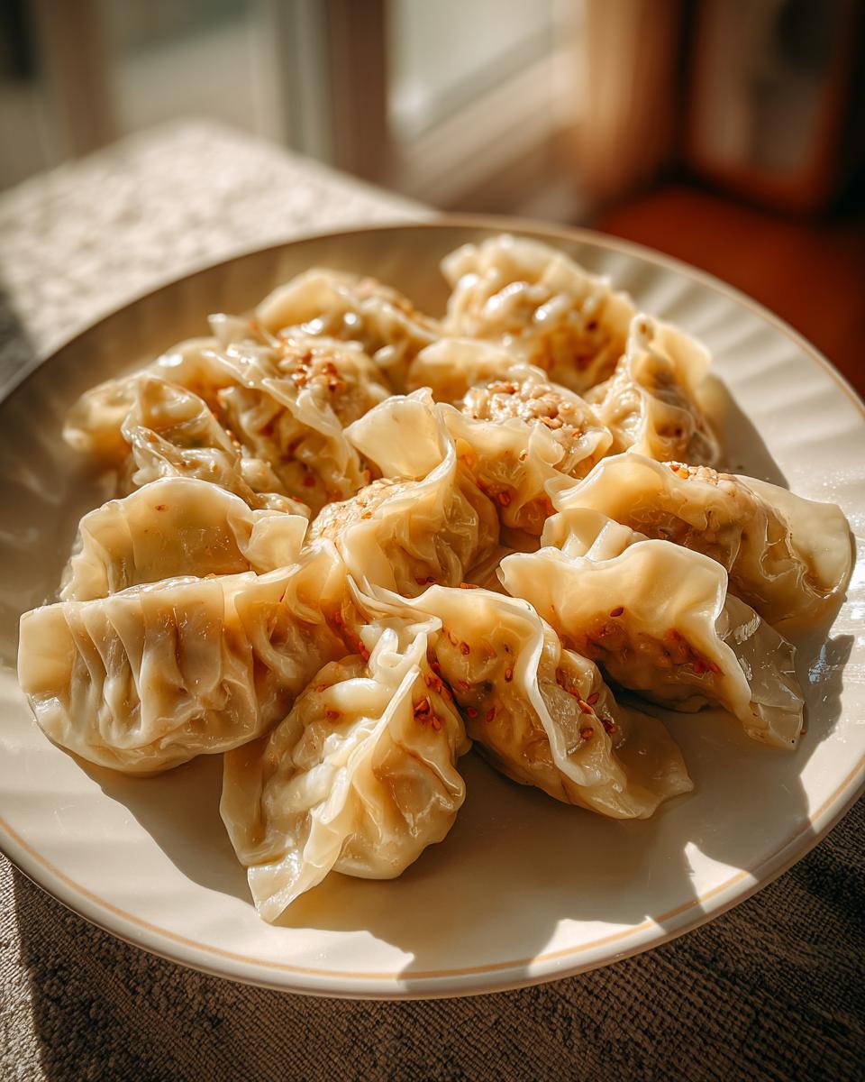A plate filled with freshly made Traditional Chinese Dumplings, glistening and sprinkled with sesame seeds.