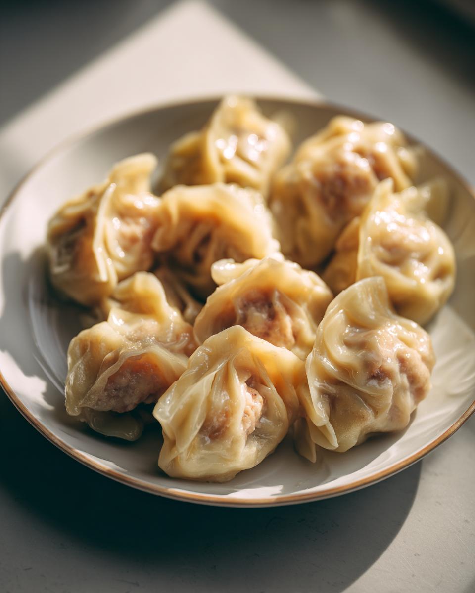 A plate filled with freshly made Traditional Chinese Dumplings, glistening in the light.