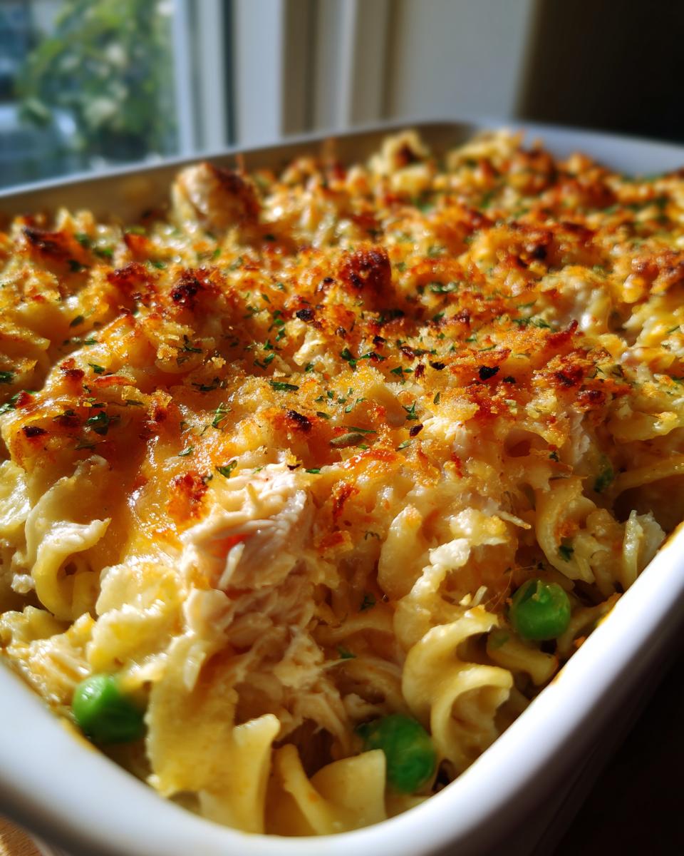 Close-up of a creamy tuna casserole with egg noodles, peas, and a golden-brown, crispy topping.