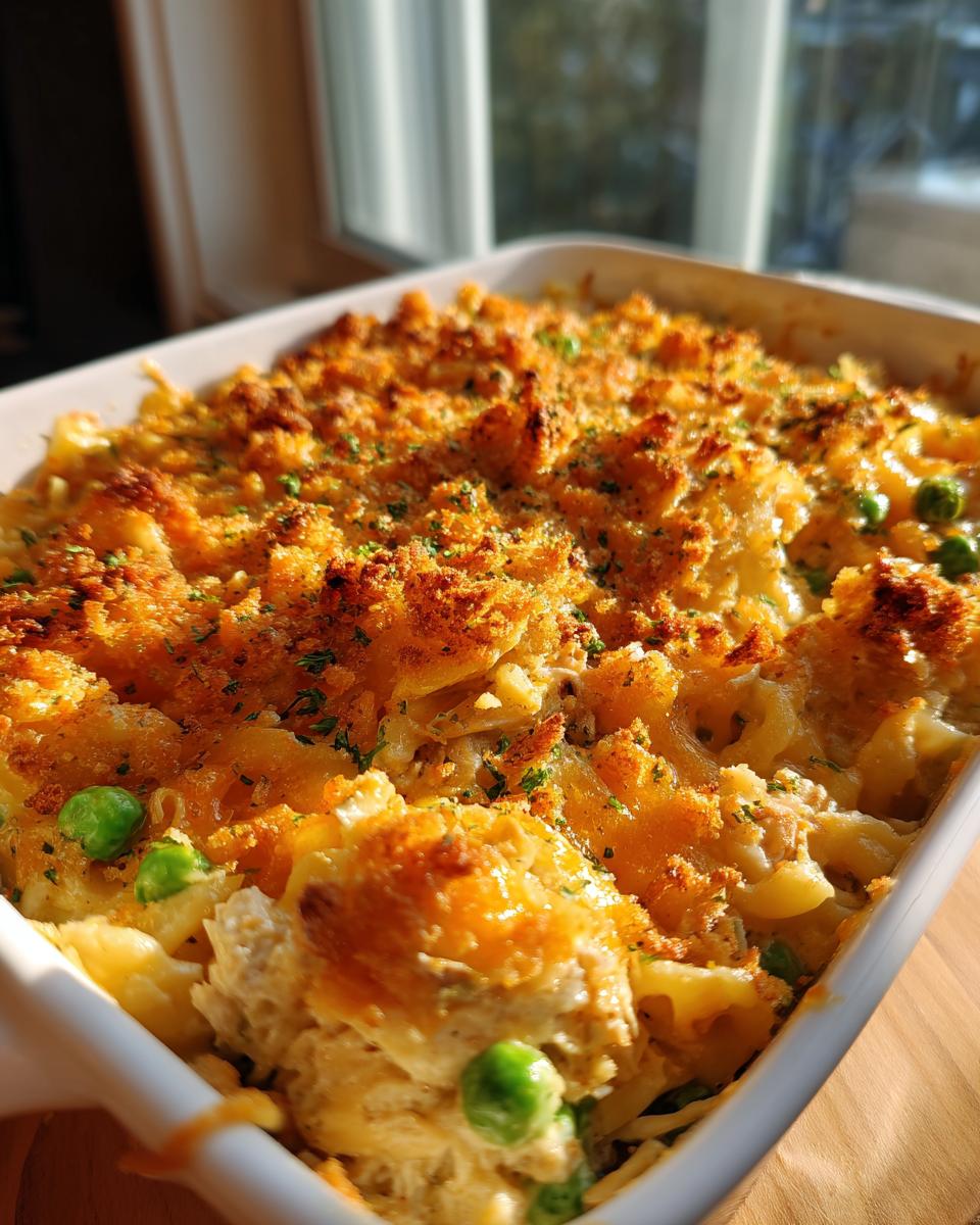 Close up of a freshly baked Tuna Casserole in a white baking dish with a golden, crispy topping and peas.
